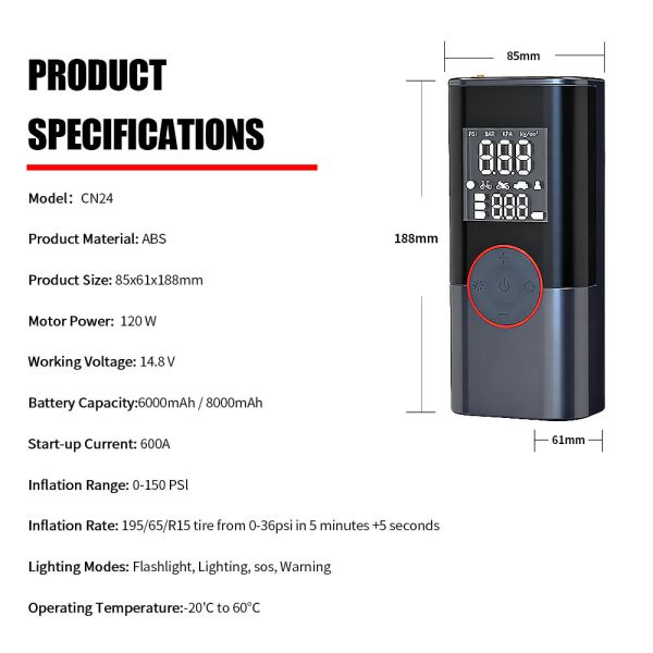Portable Car Jump Starter Starter Pack Multi Function Type C Jump Starter With Air Compressor