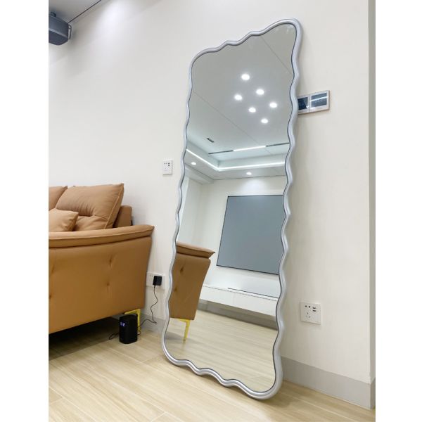 Wavy Beveled Floor Mirror Wood Frame 600mm For Modern Bedroom Decoration