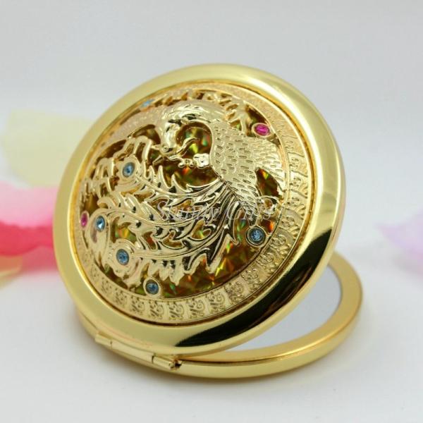 Shinny Gifts Gold Plaiting 3D Peacock Travel Mirror Handle Mirrors