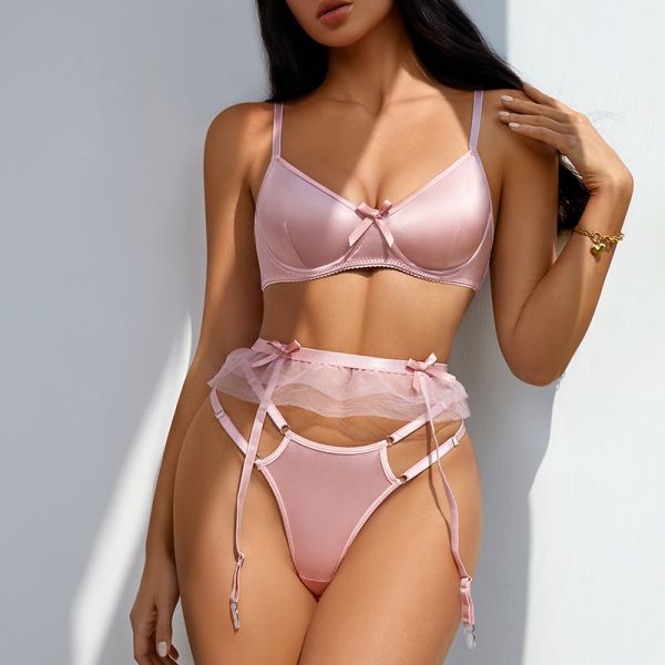 Women Bra Sexy Girl Three-piece Underwear Set Exquisite Bow S M L Breathable Plus Size Comfortable Briefs Ladies Bra