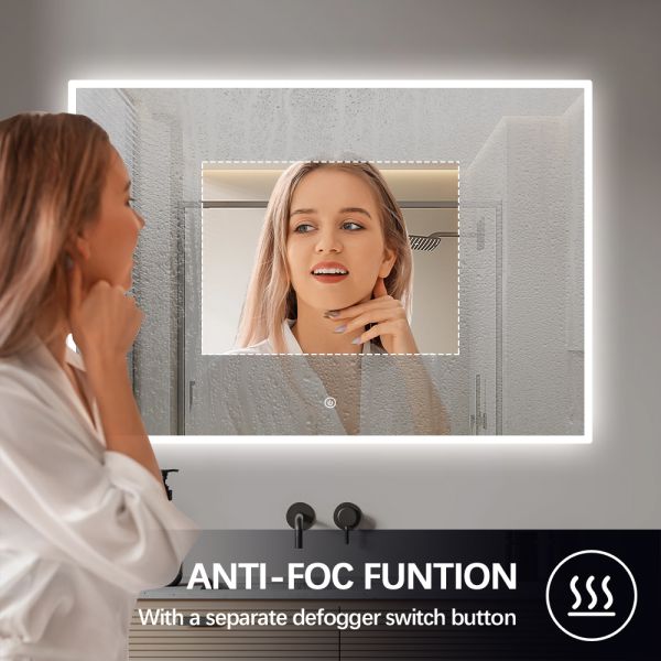 Dimmable Bathroom Mirror Frameless Wall Defogger LED Mirror With Light Color Change