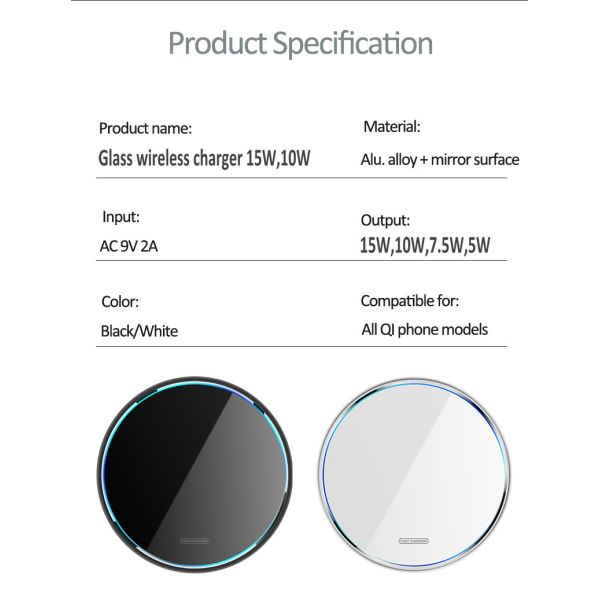 15W 10W Fast Charging Pad Wireless Mobile Phone Smart Fast Charger With Type C Micro Cable