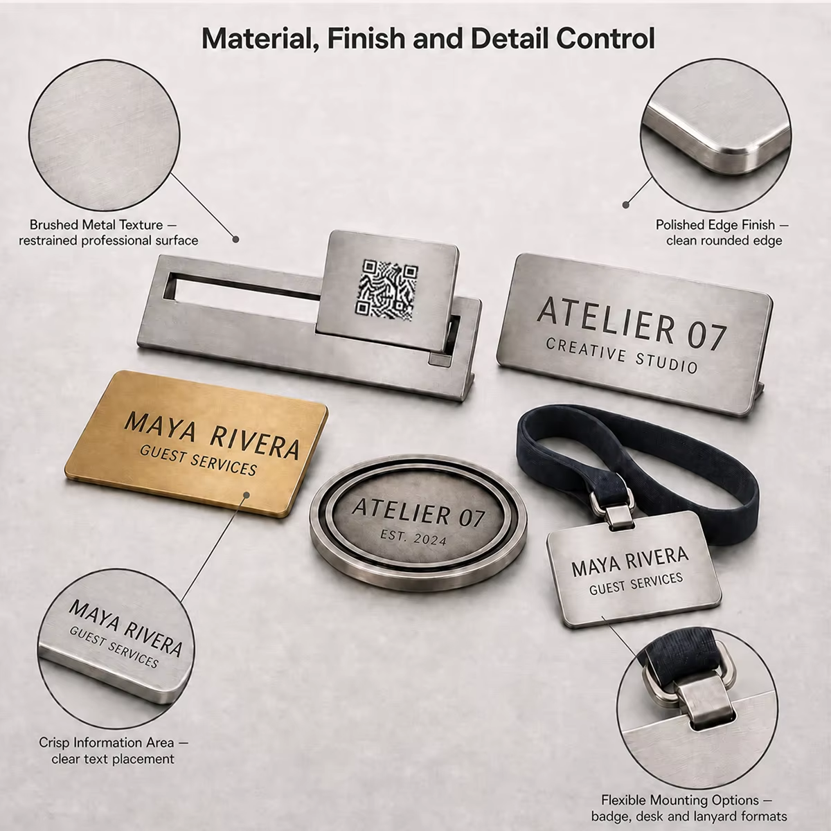 Brushed Stainless Steel Desk Nameplate ID Badge Holder Business Card Set Custom Executive Office Accessories with Logo