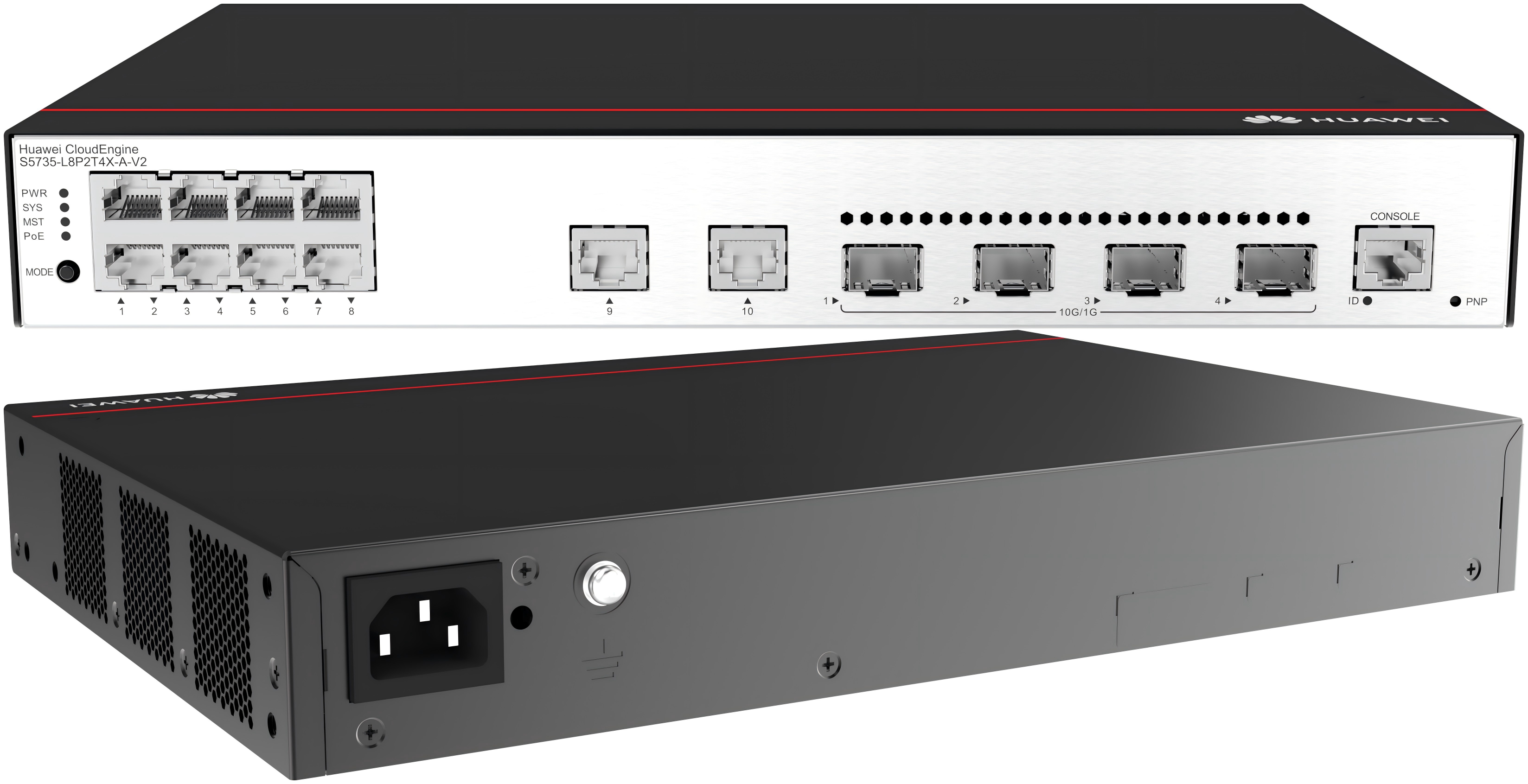 CloudEngine 8 ports Ethernet 10/100/1000BASE-T (PoE+), 2 ports Ethernet 10/100/1000BASE-T, 4 ports SFP+ 10GE S5735-L8P2T4X-A-V2