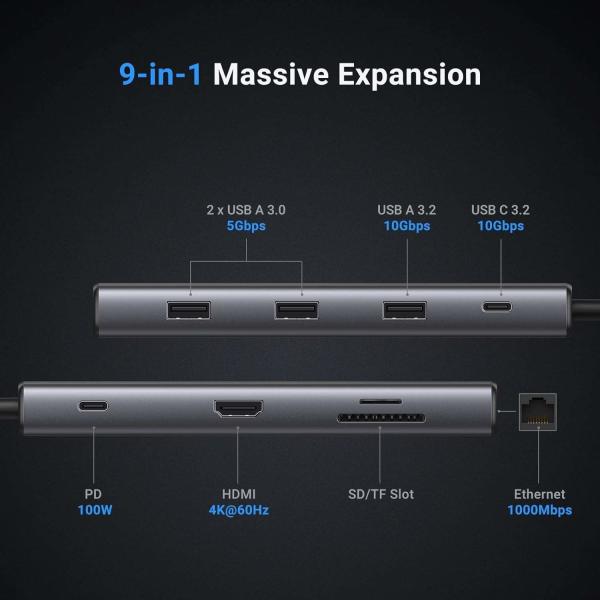 Revodok Pro 109 Adaptateur multiport USB C 9 en 1 10Gbps USB C 3.2 et USBA 3.2 100W