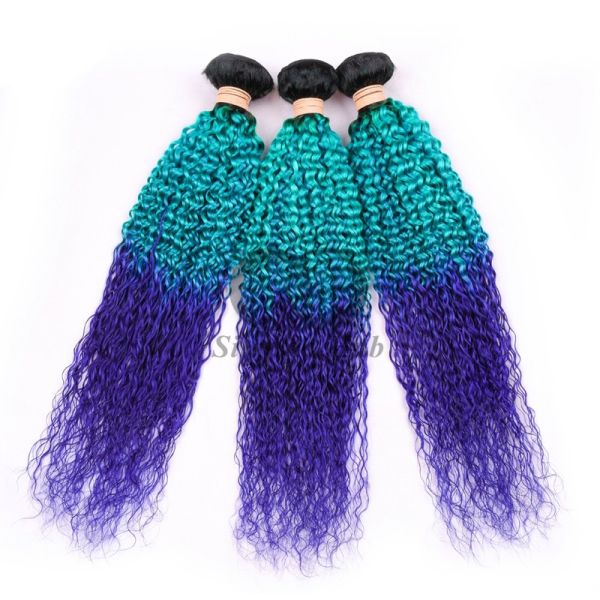 #T1B/Light Blue/Blue Kinky Curly Remy Human Hair Bundles Sew In Weave Bundles Brazilian Bundle Deals
