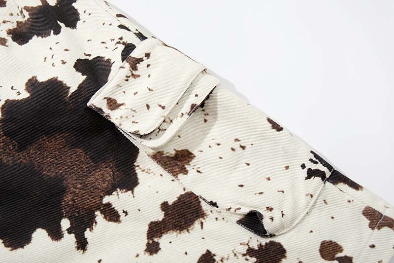 100% Cotton Cow Print Shorts Non Stretch Vintage Cargo Shorts Apricot Retro Multi Pocket