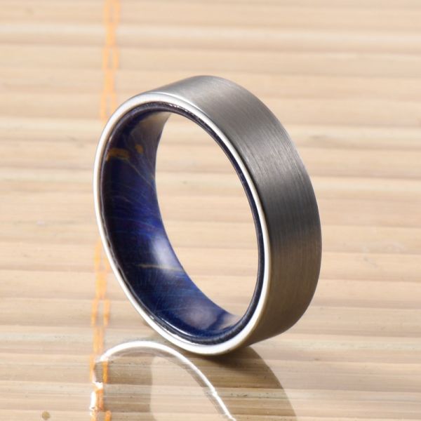 Sample Making 6mm Brushed Silver Tungsten Carbide Rings Inlay Blue Purple Box Elder Wood Flat Dome Beveled Edge Wedding Band