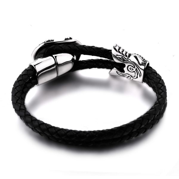 Man's leather bracelet man's stainless steel skull magnetic clasp bracelet