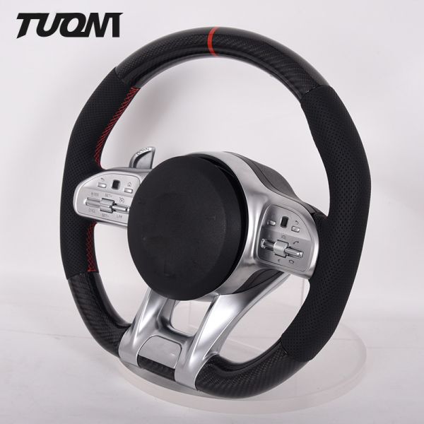 Alcantara Carbon Fiber Mercedes Benz Steering Wheel 35cm Custom Shape Red Stripe