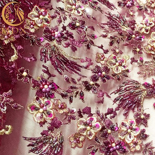 Purple 3D Embroidery Lace Fabric 0.9144 Meter For Nigerian Wedding Dress