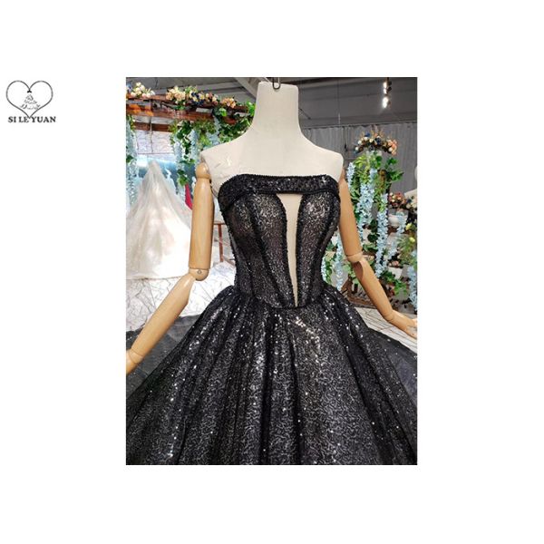 Black Custom Beautiful Sparkly Prom Dresses Strapless Bust Hollow Shining Beads