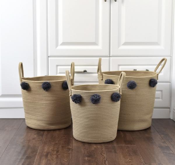 3pcs Set Pompom Decoration Baby Gift Hamper Cotton Rope Round Woven Laundry Storage Basket Without Handle Storage