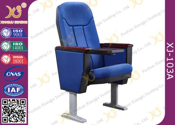 Soild Wood Armrest Blue Fabric Conference Hall Chairs With Aluminum Feet