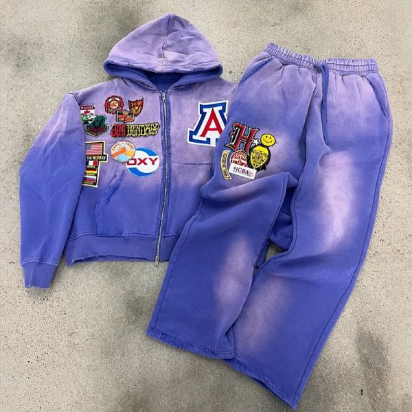 Clothing Manufacturers Custom Acid Washed Vintage Embroidery Patches Hoodies Heavyweight Wide Leg Pant Hoodie and Sweatpants Set