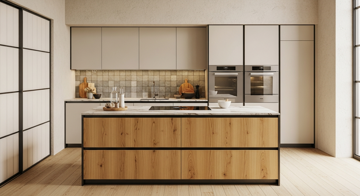 Japandi Honey Oak Kitchen Cabinet in 304 Stainless Steel with Iron Frames