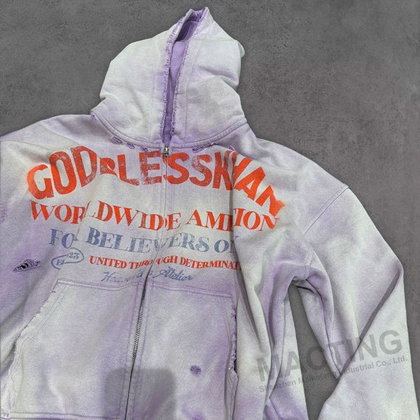 S-6XL Custom Size Distressed Hoodie 100% Cotton French Terry Sun Faded Acid Wash