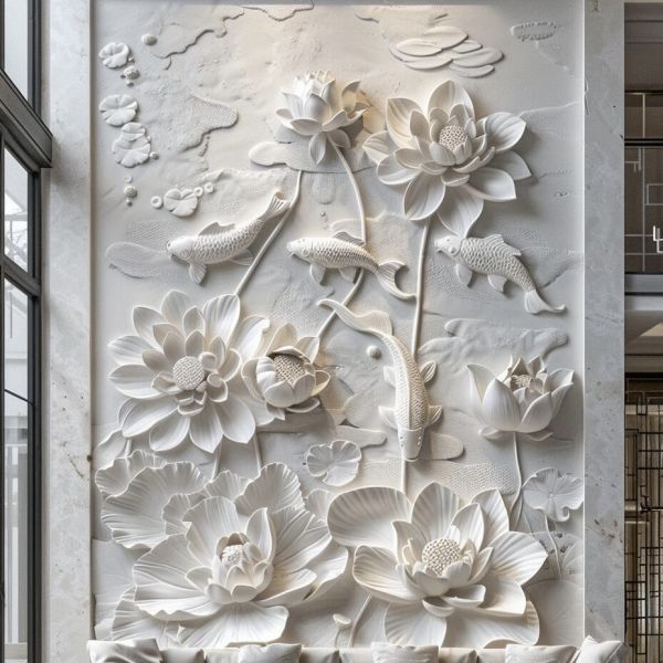 Exquisite Lotus Relief Mural Hand Carved from Natural Marble Stone for Modern Wall Decor