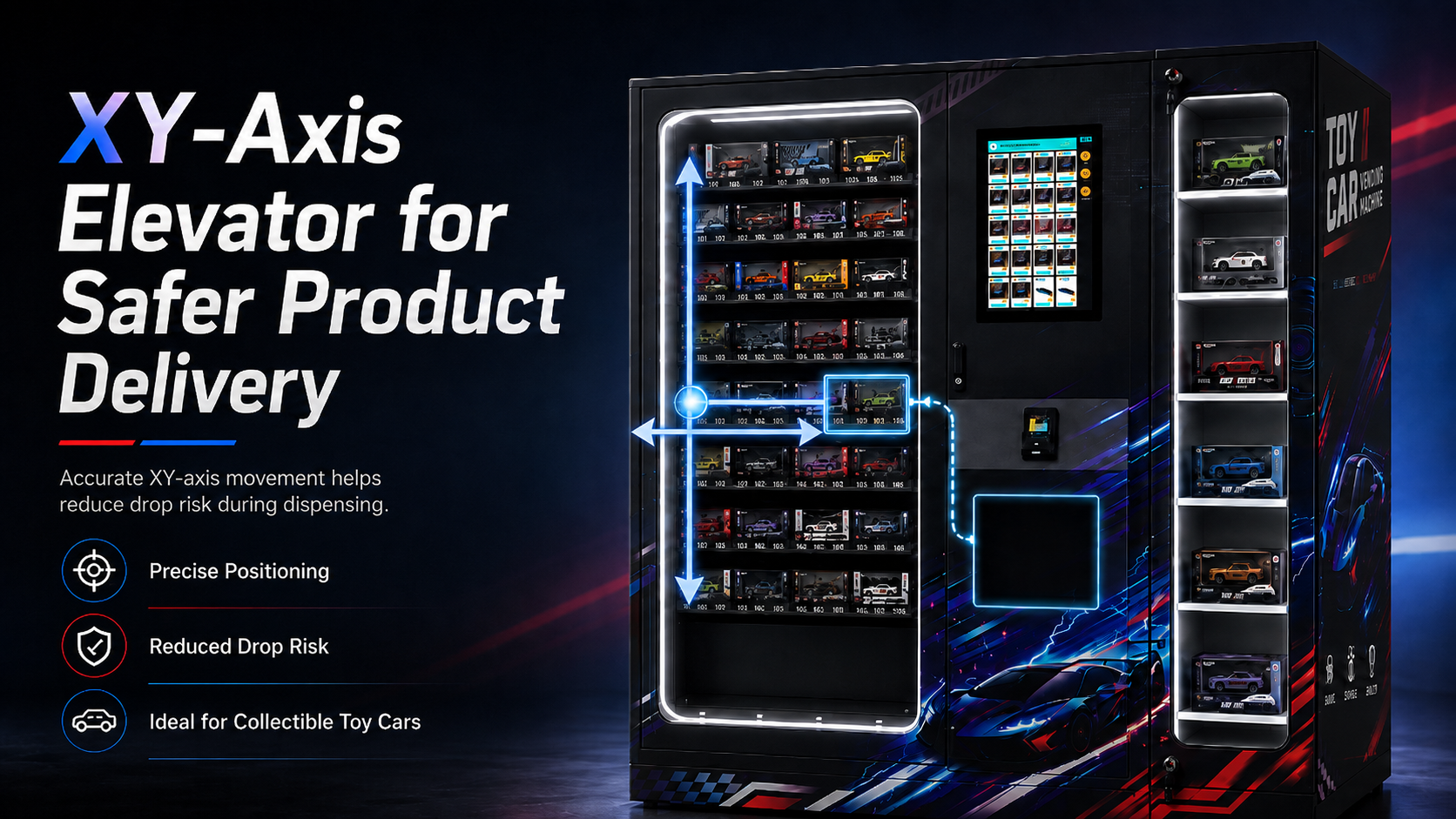 Toy Vending Machine with Transparent Display Cabinet for Automated Toy Car Sales and Enhanced Retail Experience