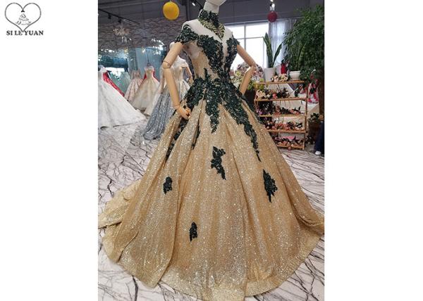 Sparkly Gold Off The Shoulder Prom Dress Green Lace Short Sleeve Sweep Train