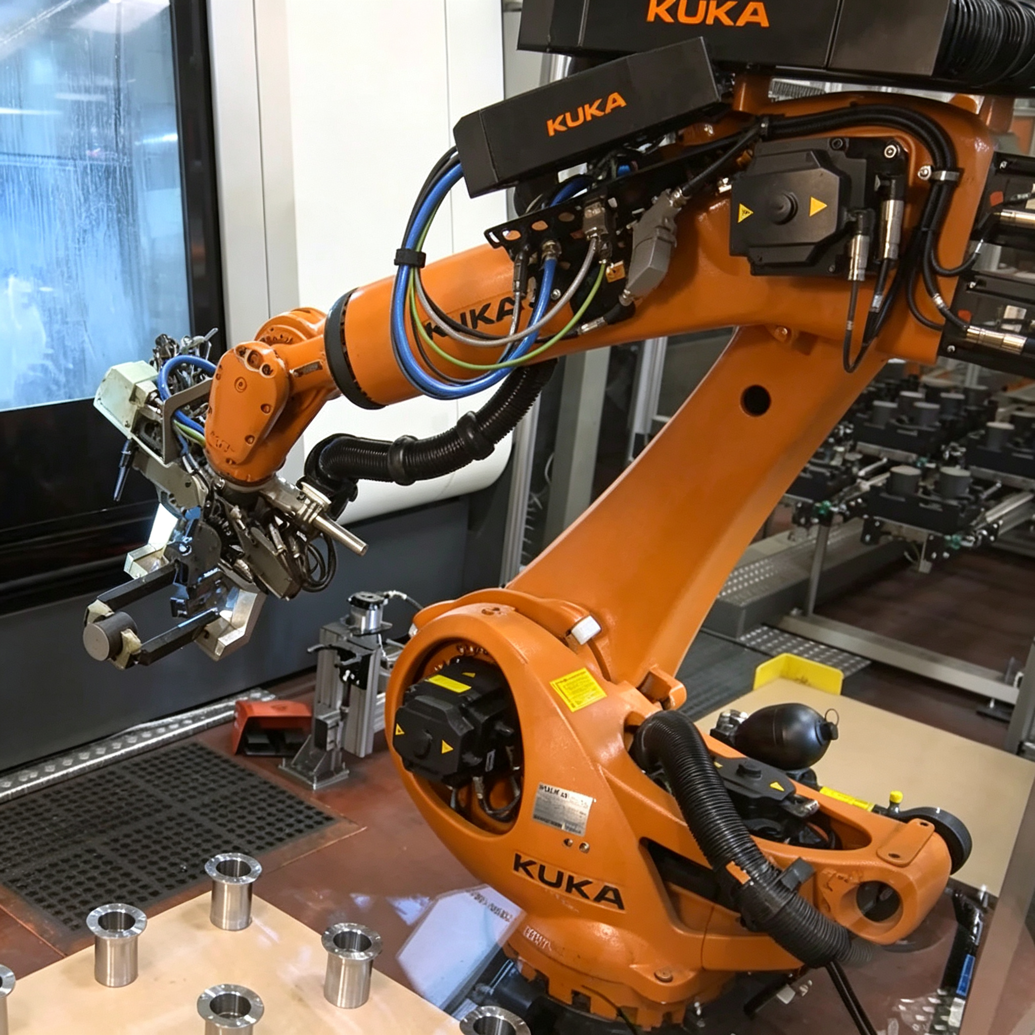 KUKAKR300 R2700-2 6Axis RoboticArm Solid Round Steel Billets Load & Unload with Pneumatic Gripper for Metal Hot Forging Industry
