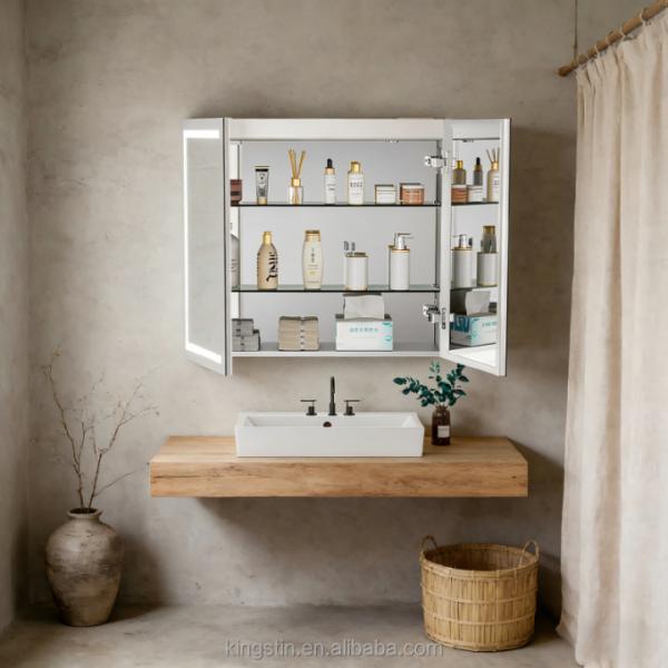 Kingstin Modern Bathroom LED Mirror with Built-in Storage Cabinet Double Door Illuminated Vanity Mirror for Small Toilet