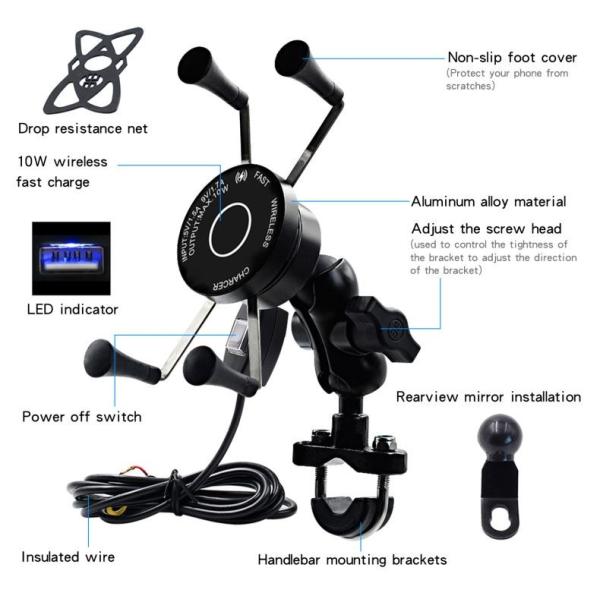 3 In 1 Motorcycle Wireless Charger Mount , FCC 5V 1.5A Motorcycle Phone Grip