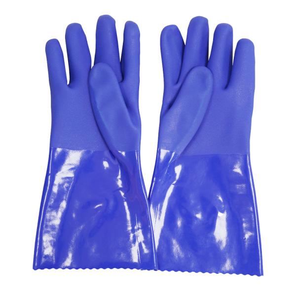 35cm Blue PVC Chemical Resistant Gloves With Sandy Finish And Cotton Liner