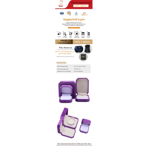 elegant handmade Purple Octagonal Velvet Jewelry Box for Necklace Earrings Bracelet Ring