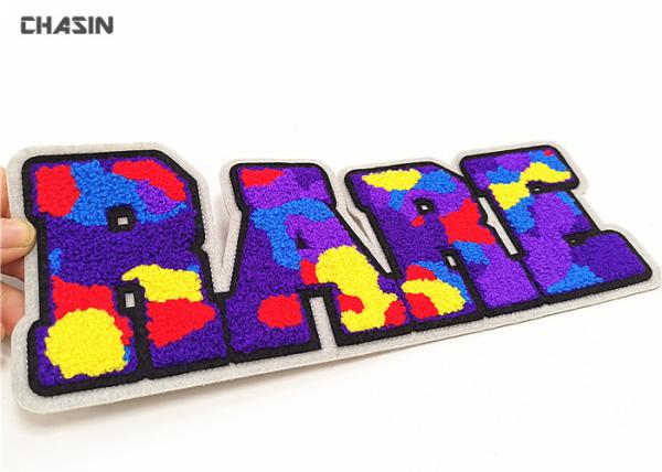 Custom Colorful Letters Chenille Embroidery Patches Black Felt Background