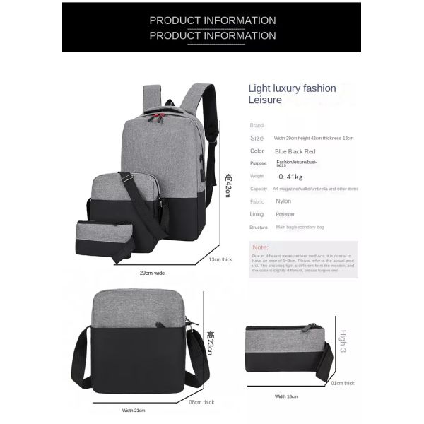BSCI 3 In 1 Set Backpack Laptop Anti Theft Business Backpack With USB Charger Port