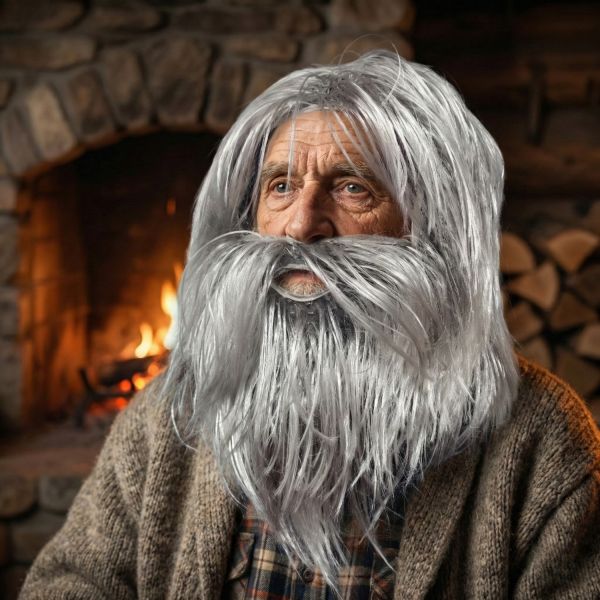 Realistic Grey Wig and Beard Set for Men, Long Silver Hair Old Man Costume, Wizard Hermit Caveman Cosplay for Halloween Party