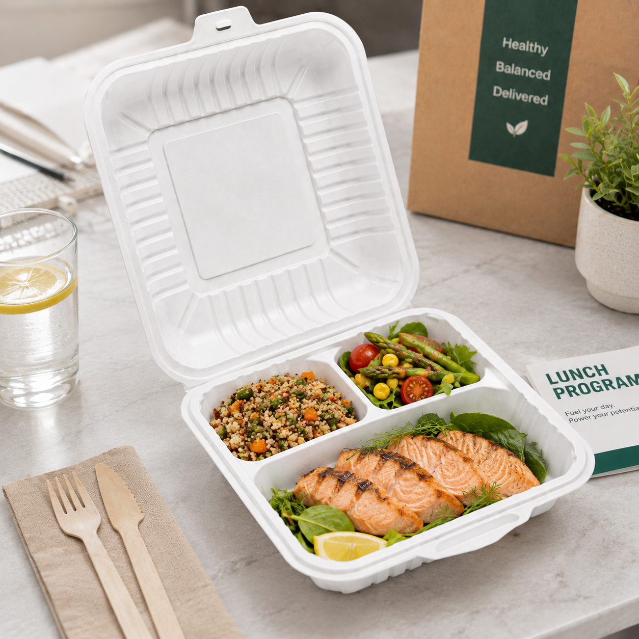 LB-93 PP Clamshell Take Out Box Three Compartment White for Combo Meals