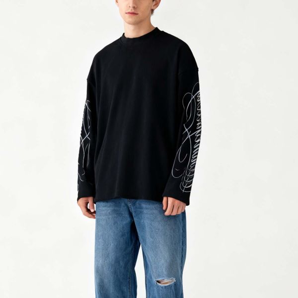 Custom Classic Waffle Weave Crewneck Graphic Tee Top Screen Printed Heavy Cotton Boxy Leopard T Shirt Long Sleeve for Men