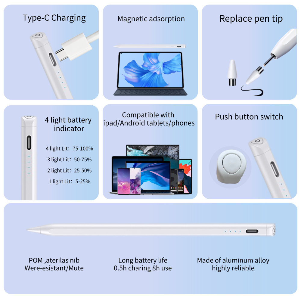 4 Power Light Universal Stylus Touch Pen for 0.5h Charging 8h Use Type-C Charging Slanted Cap Push Button Switch