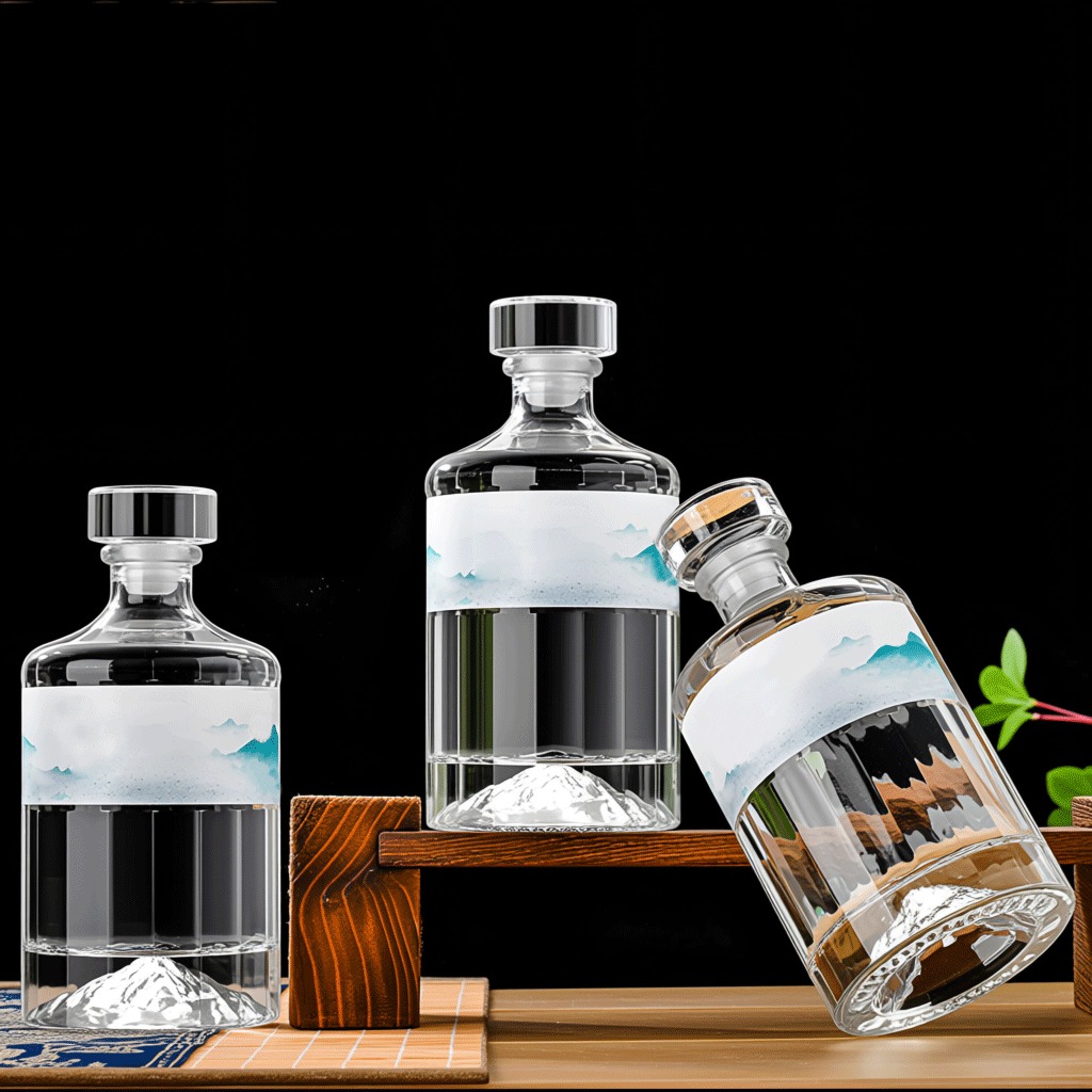 Mountain Base 500ml Custom Glass Bottles Luxury Liquor Bottle With Cork Sealing Whiskey Vodka Rum