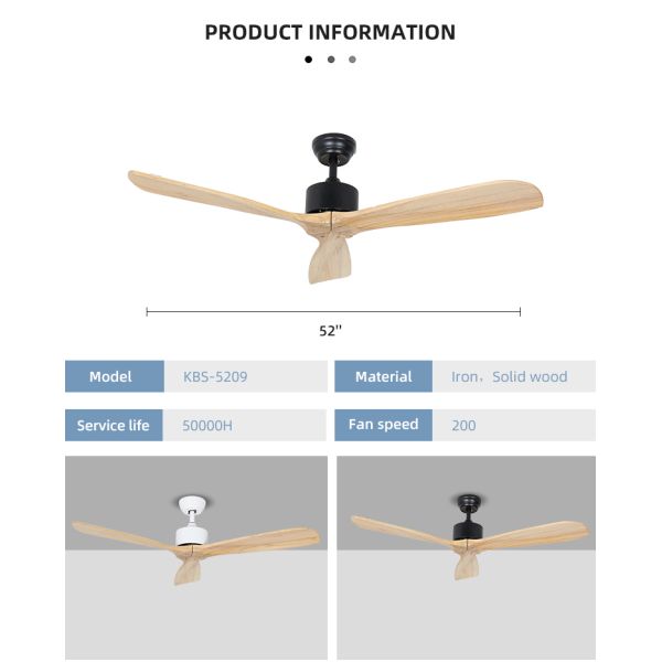 3 Blades 65w Iron Solid Wood Ceiling Fan Light 52Inch Led Indoor Ceiling Fan