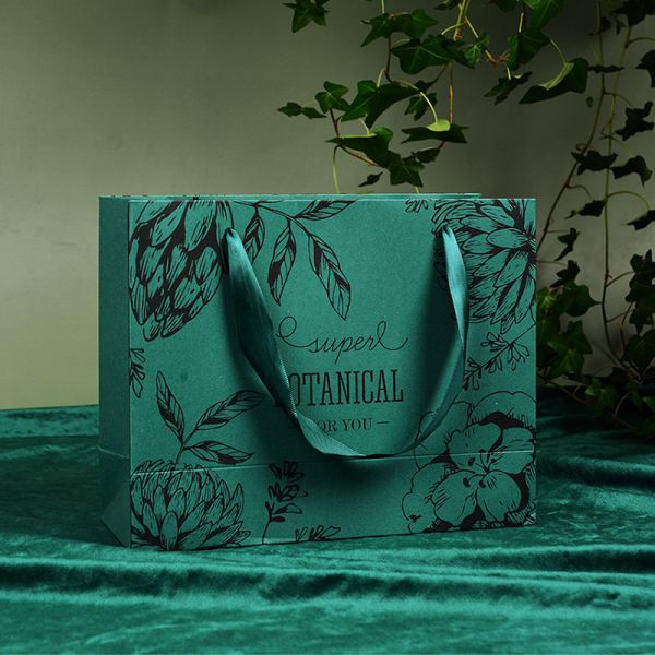 Hand Drawn Botanical Gift Bags Eco Friendly Wedding Favor Packaging Satin Ribbon Handles Plant Patterned Party Favor Bags