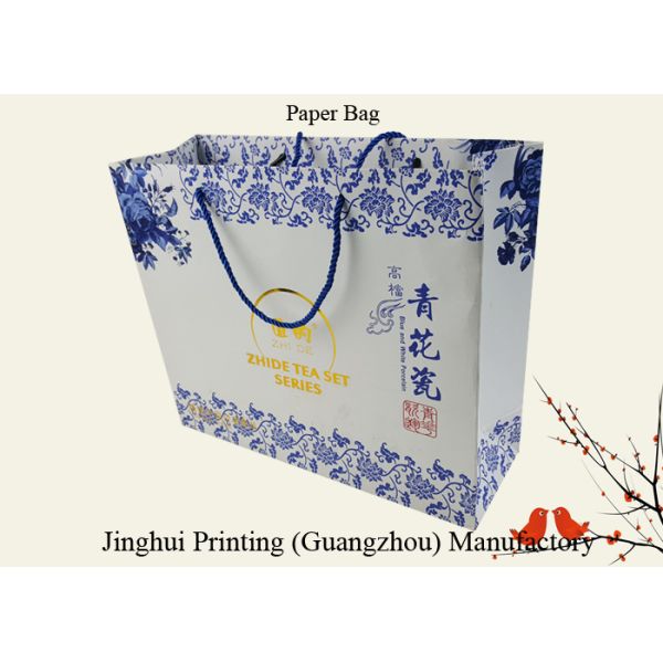 Blue Color Printing Logo Gold Hot Stamping Customized Size OEM Design Paper Shopping Bag with Handle
