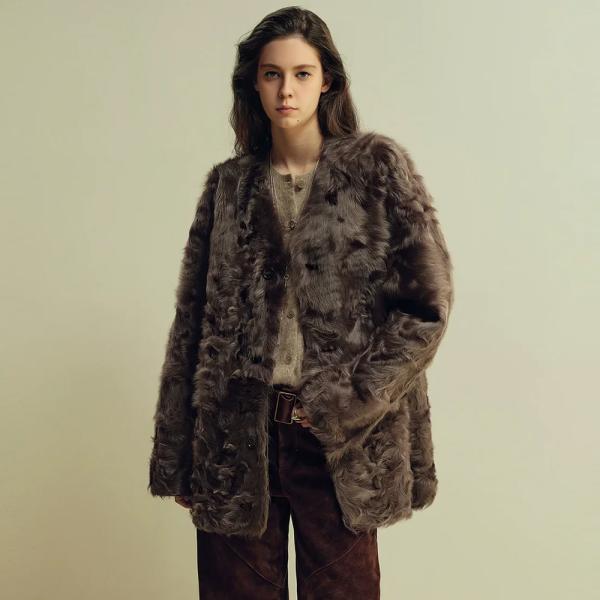 V-Neck Faux Persian Lamb Fur Coat
