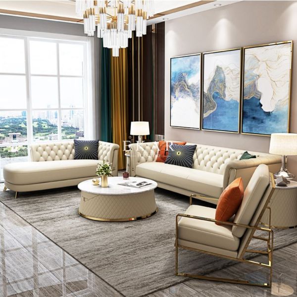 Modern Style Metal Legs Tufted Leather 3 Seater Sofa