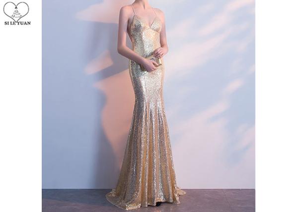 Sparkly Gold Sequin Mermaid Dress / Sexy Sling Backless Ball Gown Long Train