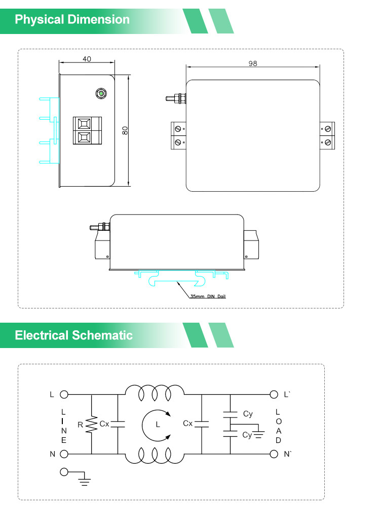 YB12F2 15amp 220V однофазный фильтр Din Rail RFI Filter для оборудования автоматизации