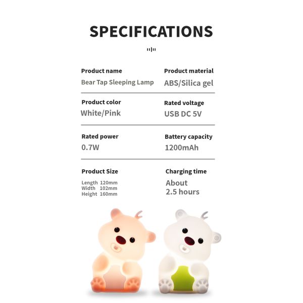 Cute Bear Shape Silicone Lumière de nuit décor de chambre de silicone Table lampe de lit rechargeable