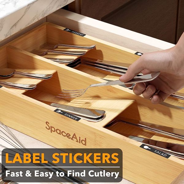 Organizer Silverware Drawer with Plain Wooden Box 6 Slots Bamboo Tray Holder in Natural