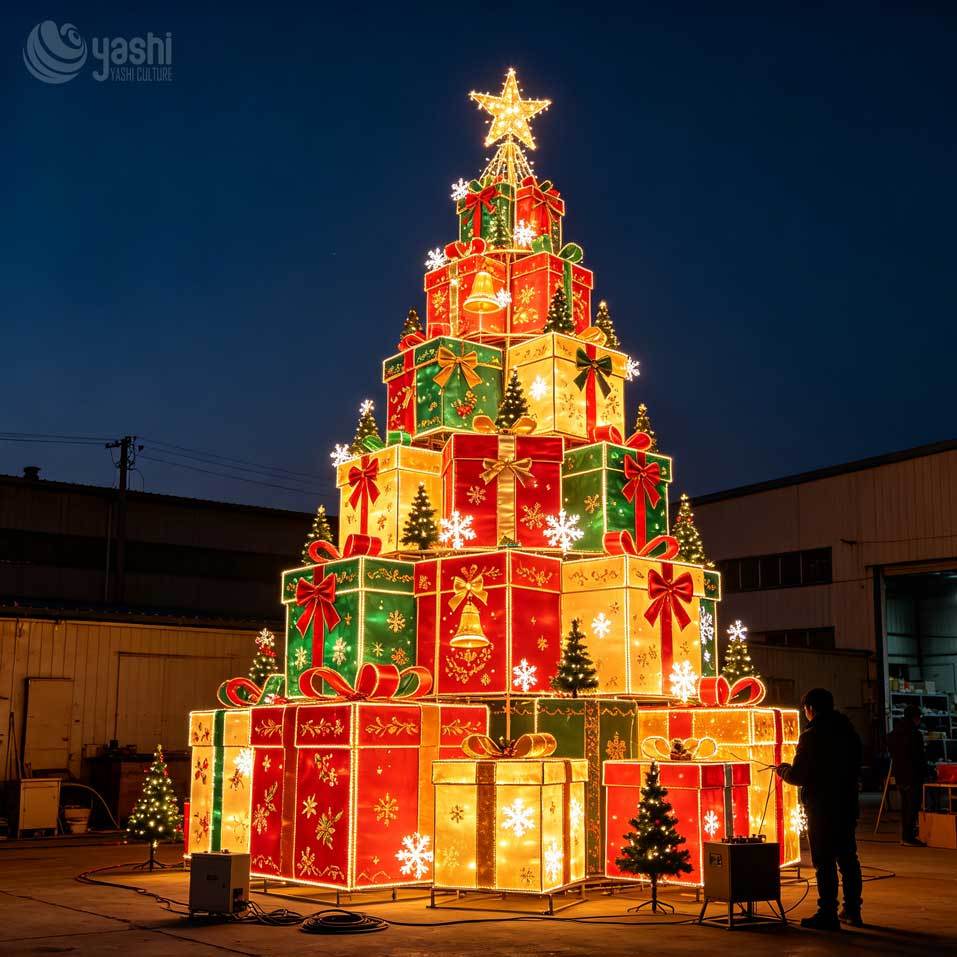 Large Gift Box Stack Christmas Tree Festival Lantern Set For Outdoor Theme Park Scenic Spot Christmas Decoration