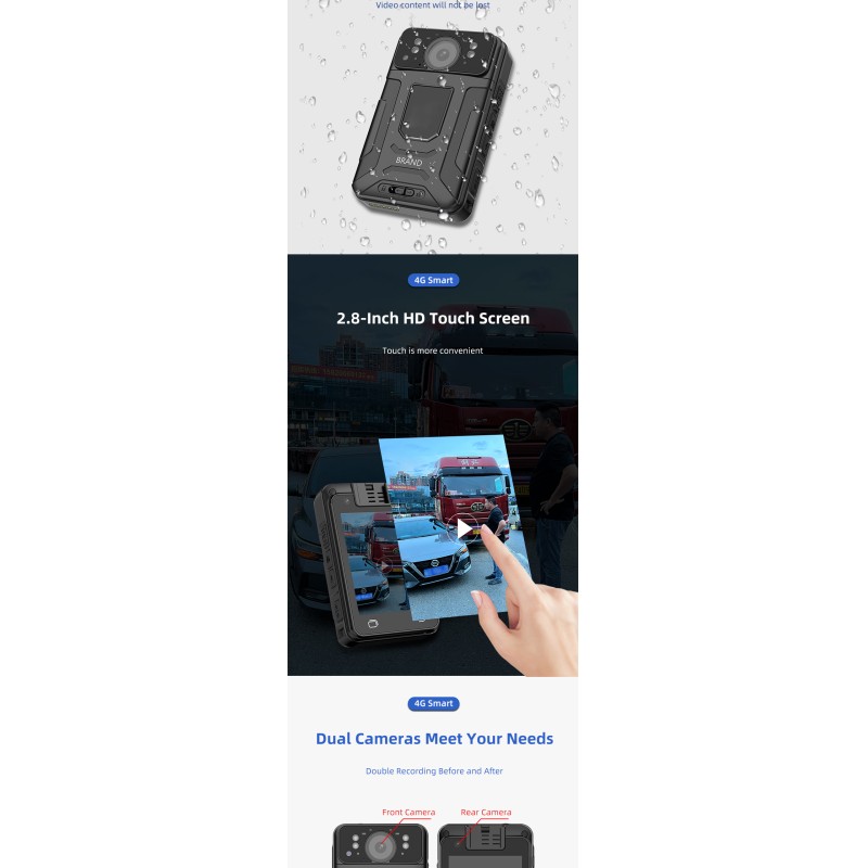4G 2K HD Body Worn Camera Dual Cameras Support Wifi&Bluetooth and GPS with 2.8'' Touch Screen IP68 Waterproof Recorder Cameras