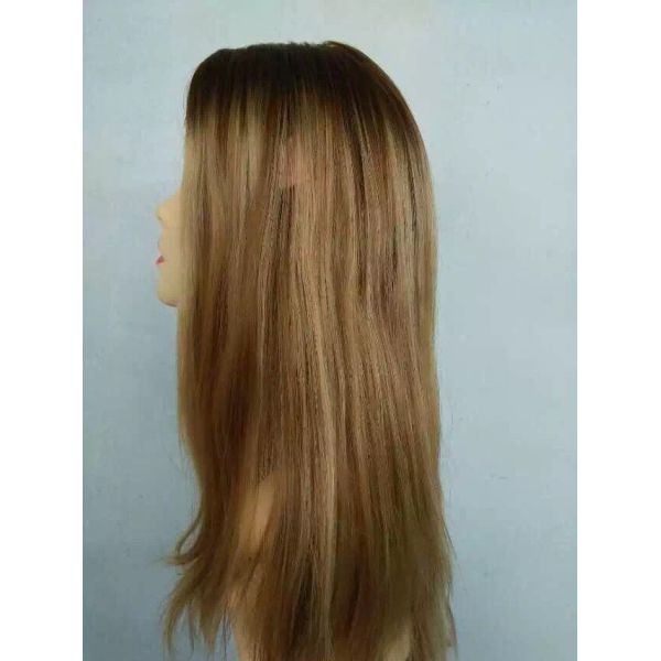 High Quality European Human Hair Jewish Wigs 20 Inches Small Layer Highlight with Dark Roots