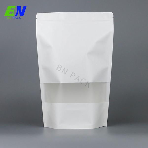 Plain Stand Up Resealable Food Grade White Kraft Paper Bags With Window For Snack