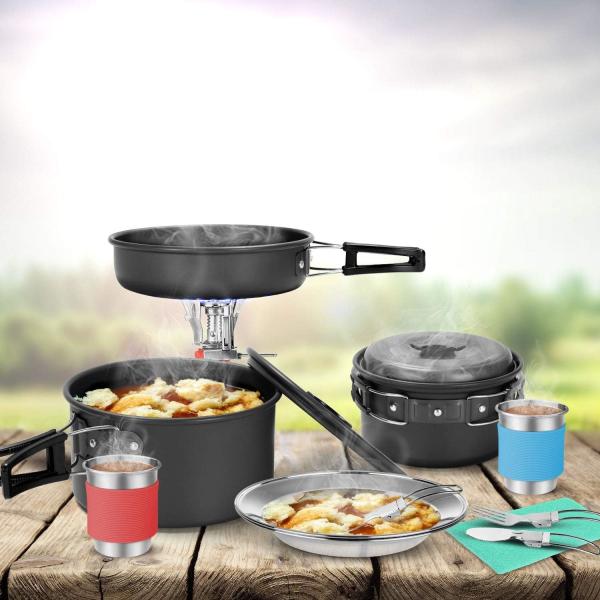 Stainless Steel Camping Outdoor Cookware Mess Kit Set, Folding Cookset Camping Teapot and Pans Set Equipment